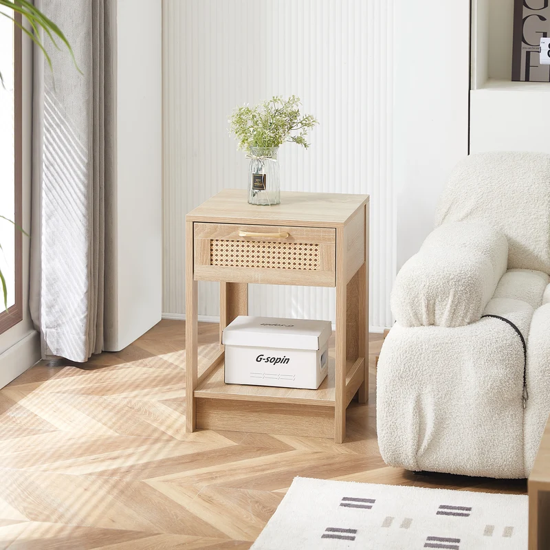 Table de chevet effet bois en rotin moderne avec tiroir 40x40x55 cm LYRICINE