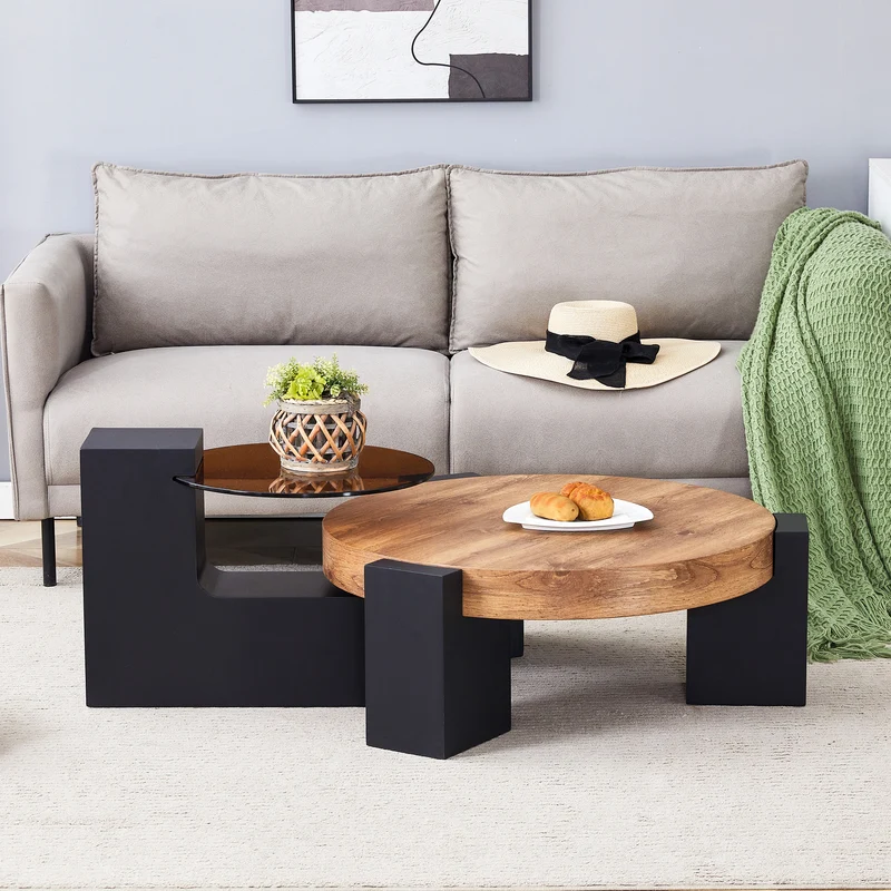 Table basse ronde moderne 2 niveaux effet bois et verre brun transparent, démontable CRESTLA