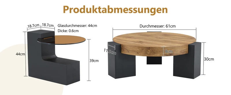 Table basse ronde moderne 2 niveaux effet bois et verre brun transparent, démontable CRESTLA