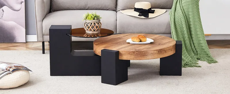 Table basse ronde moderne 2 niveaux effet bois et verre brun transparent, démontable CRESTLA