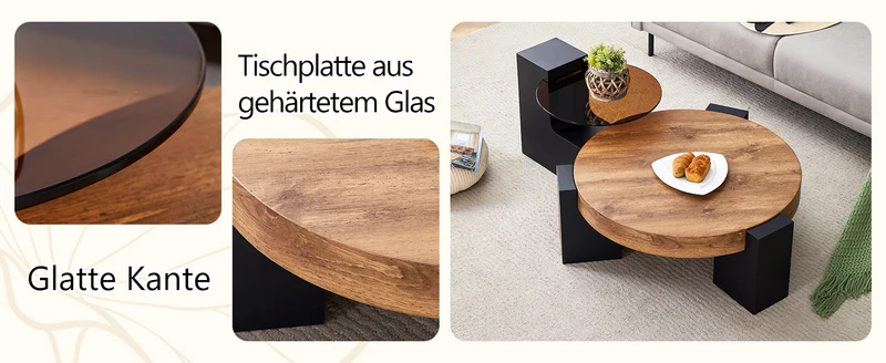Table basse ronde moderne 2 niveaux effet bois et verre brun transparent, démontable CRESTLA