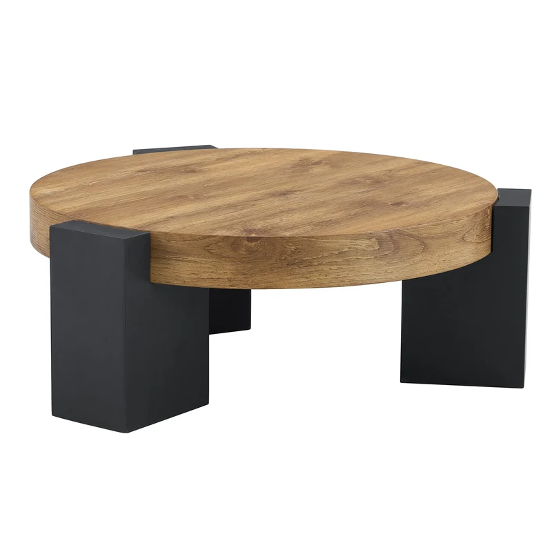 Table basse ronde moderne 2 niveaux effet bois et verre brun transparent, démontable CRESTLA