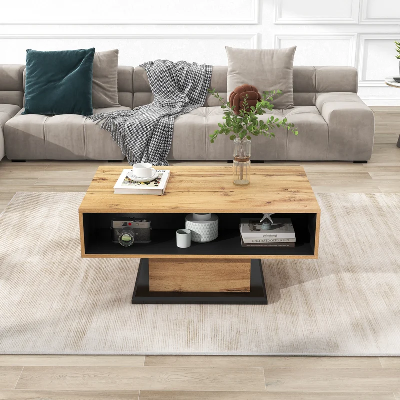 Table basse grain de bois avec rangement double face et tiroir 100x47x60 EINPHATH