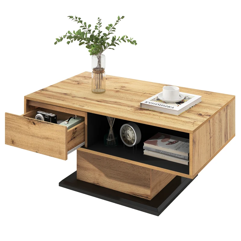 Table basse grain de bois avec rangement double face et tiroir 100x47x60 EINPHATH