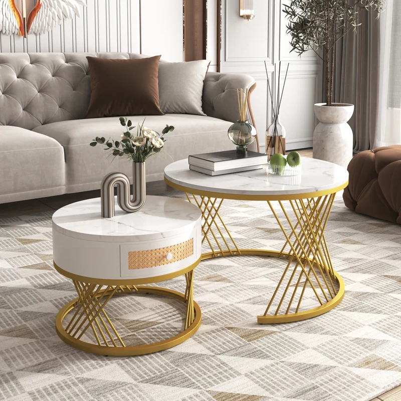 Ensemble de 2 tables basses gigognes rondes effet marbre blanc et rotin EGNIERS WHITE