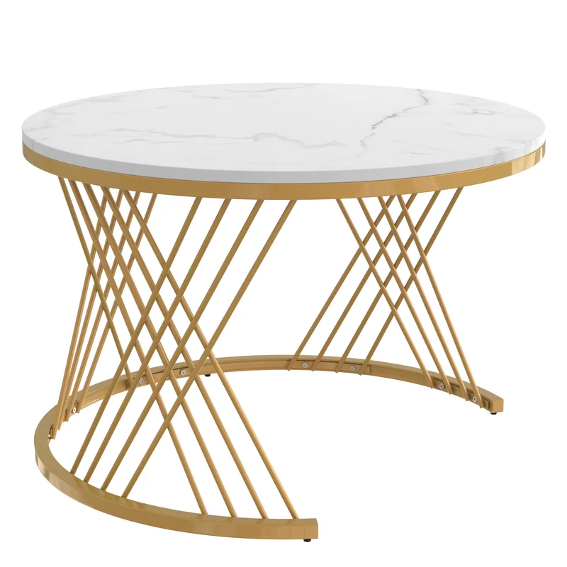 Ensemble de 2 tables basses gigognes rondes effet marbre blanc et rotin EGNIERS WHITE