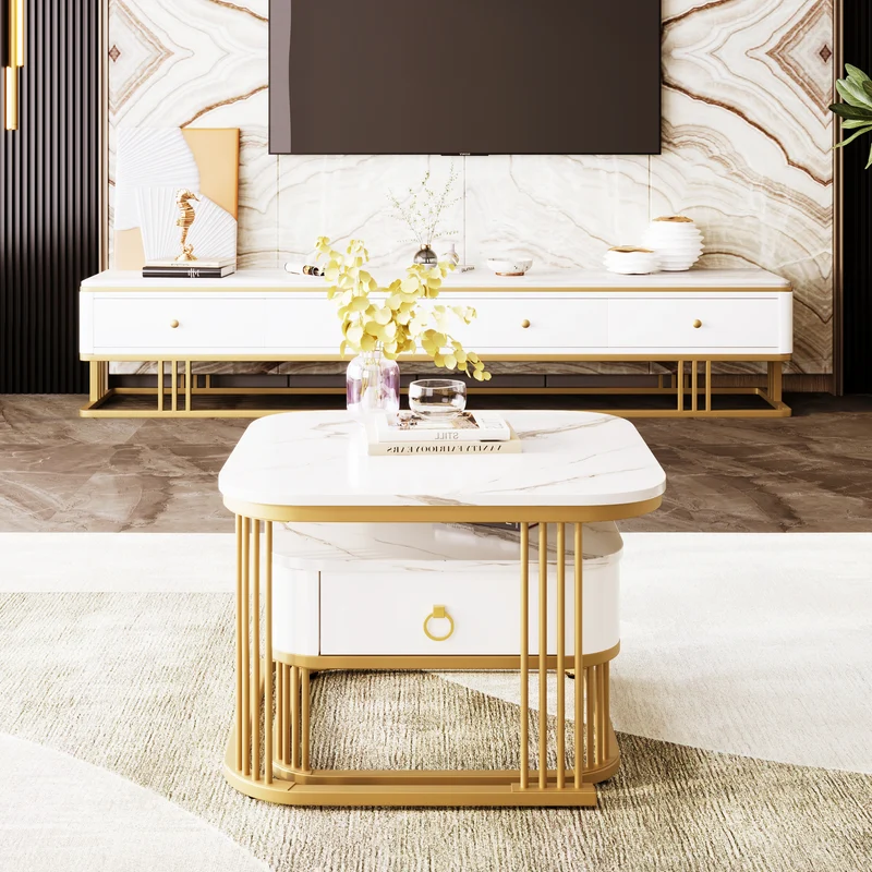 Ensemble de 2 tables basses gigognes carrées effet marbre blanc avec tiroir pieds dorés SHUGOK WHITE