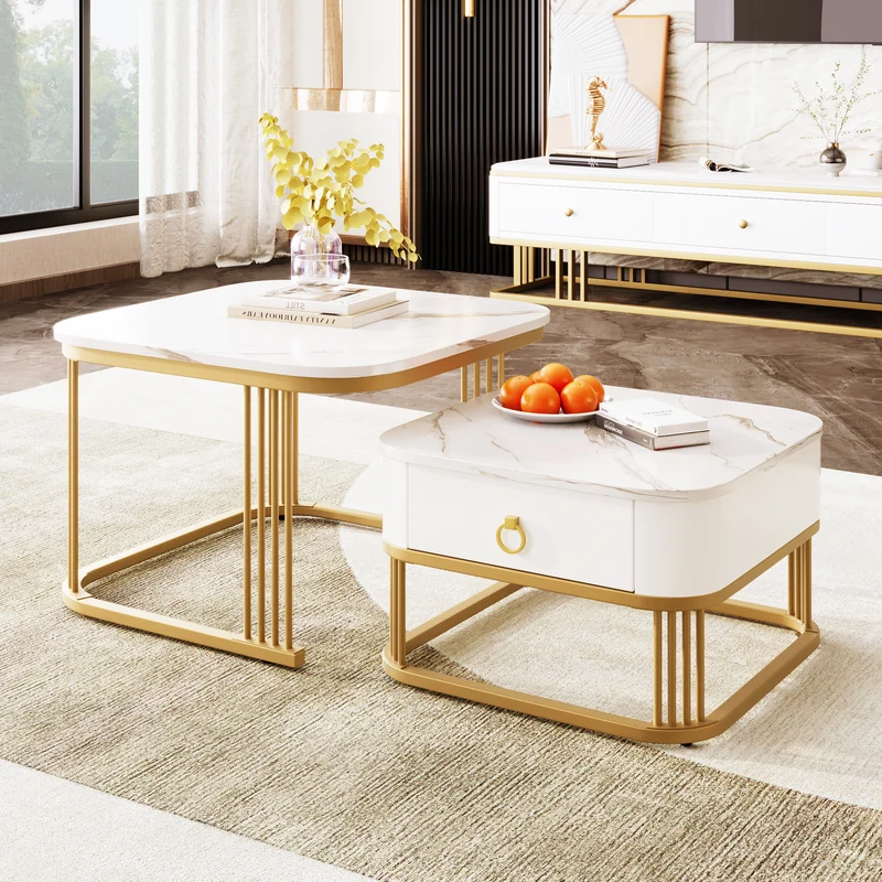 Ensemble de 2 tables basses gigognes carrées effet marbre blanc avec tiroir pieds dorés SHUGOK WHITE