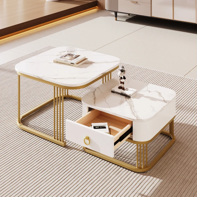 Ensemble de 2 tables basses gigognes carrées effet marbre blanc avec tiroir pieds dorés SHUGOK WHITE