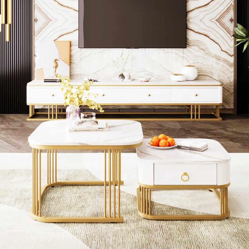Ensemble de 2 tables basses gigognes carrées effet marbre blanc avec tiroir pieds dorés SHUGOK WHITE