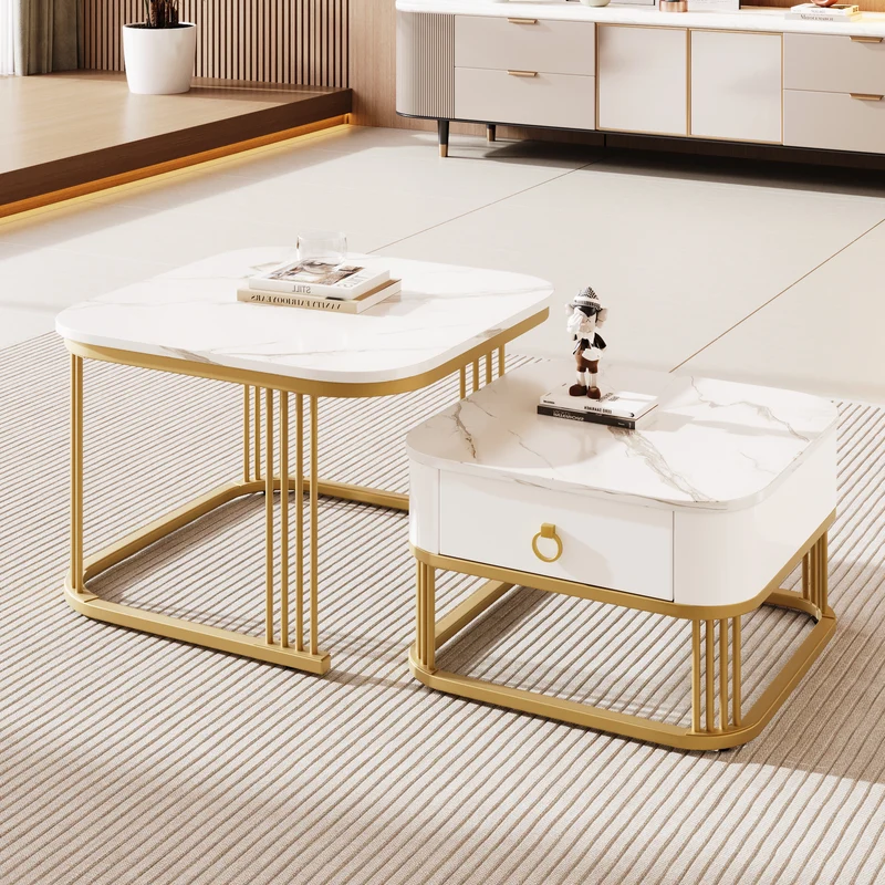 Ensemble de 2 tables basses gigognes carrées effet marbre blanc avec tiroir pieds dorés SHUGOK WHITE