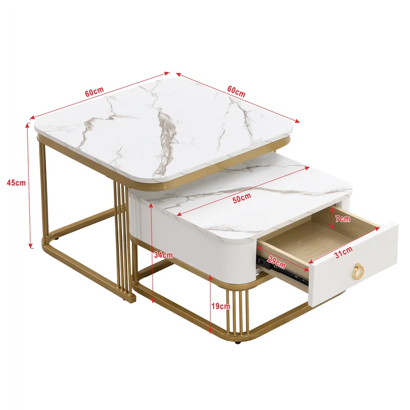 Ensemble de 2 tables basses gigognes carrées effet marbre blanc avec tiroir pieds dorés SHUGOK WHITE
