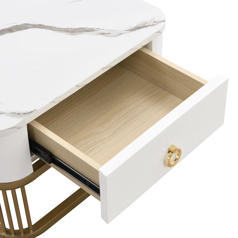 Ensemble de 2 tables basses gigognes carrées effet marbre blanc avec tiroir pieds dorés SHUGOK WHITE