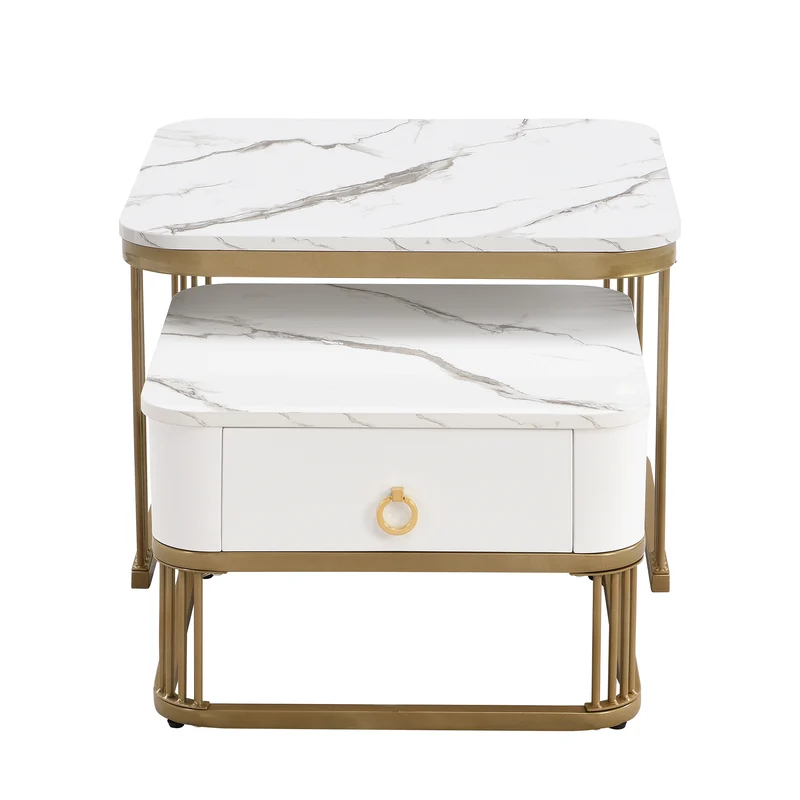 Ensemble de 2 tables basses gigognes carrées effet marbre blanc avec tiroir pieds dorés SHUGOK WHITE