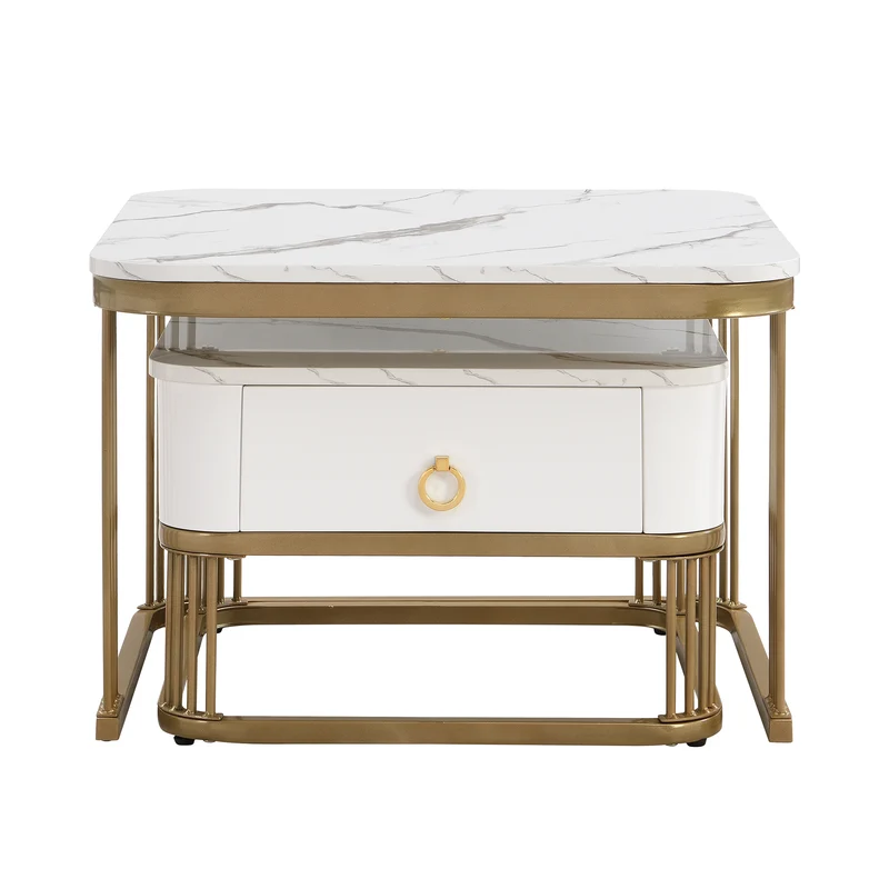 Ensemble de 2 tables basses gigognes carrées effet marbre blanc avec tiroir pieds dorés SHUGOK WHITE