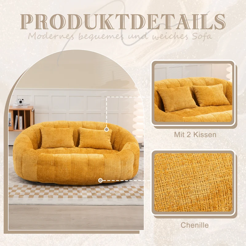 Canapé compact rond 2 places Loveseat en tissu chenille jaune et 2 cousins TANGLENET