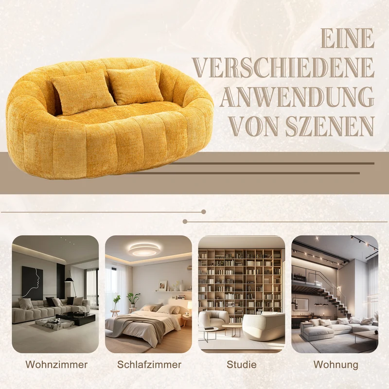 Canapé compact rond 2 places Loveseat en tissu chenille jaune et 2 cousins TANGLENET