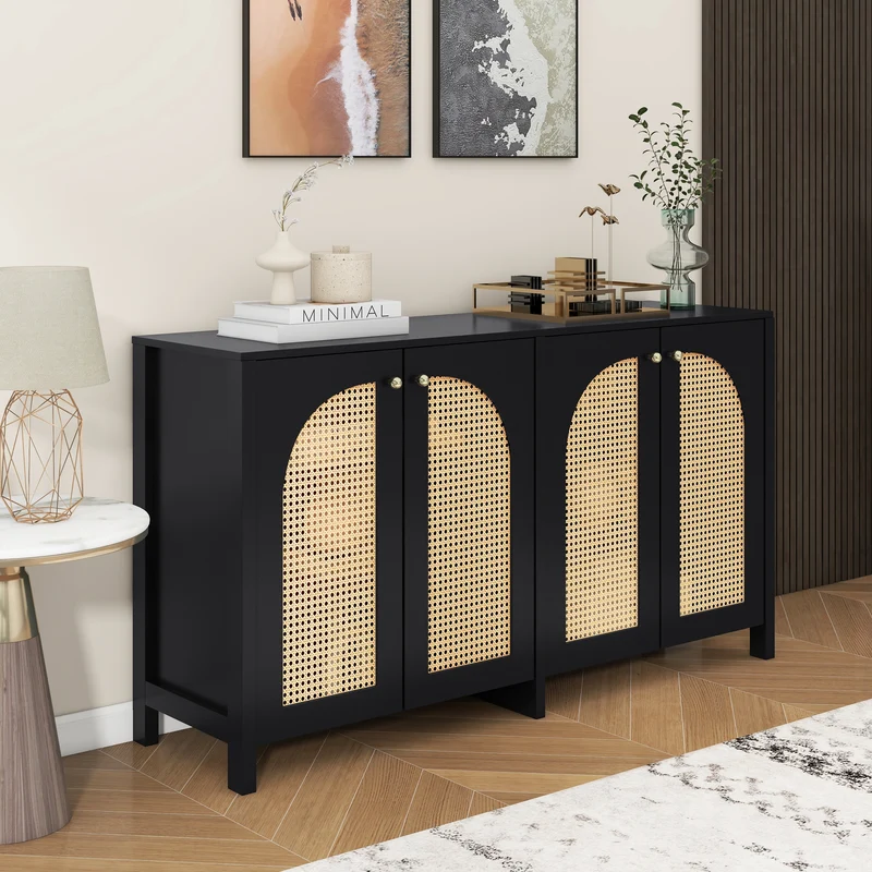 Buffet vintage noir 4 portes en rotin courbées UNNEL
