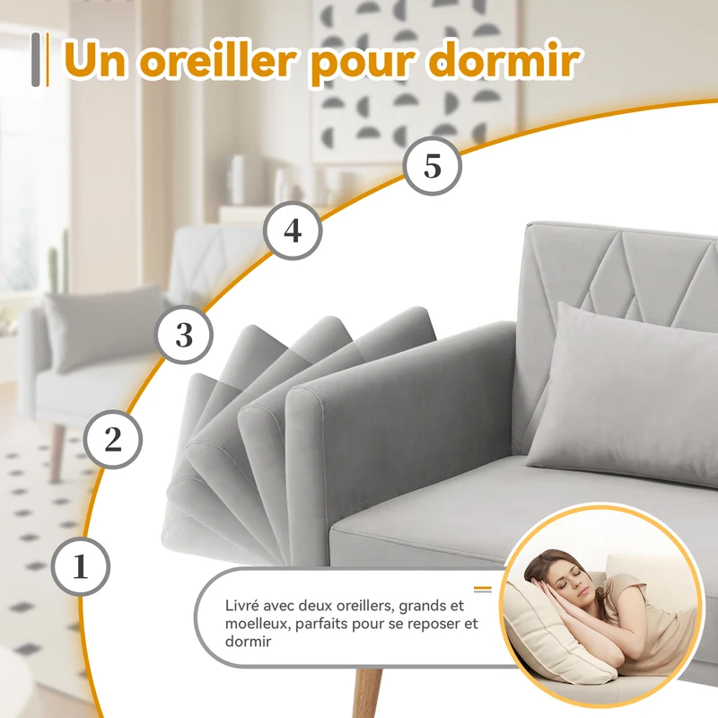 Canapé convertible 2 places en velours gris clair dossiers et accoudoirs réglables SCREVIDS