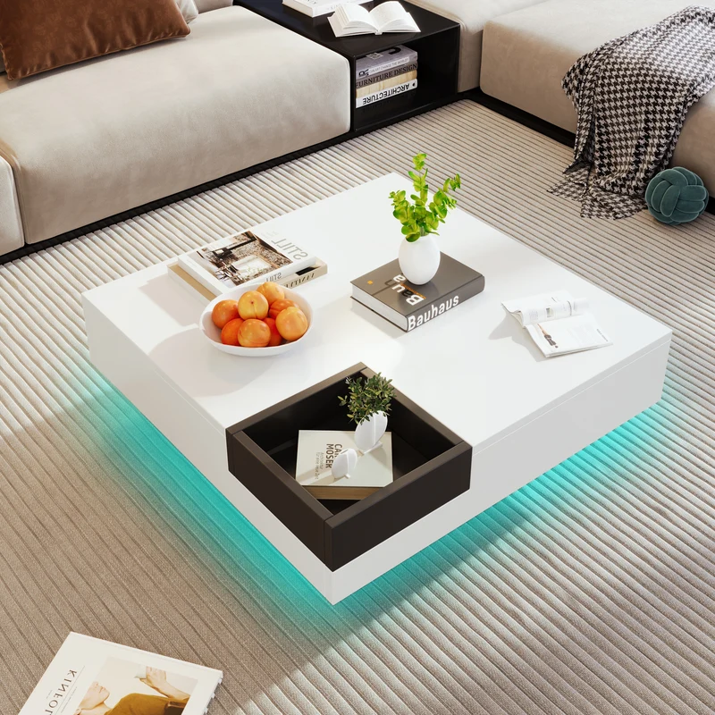 Table basse carrée blanc brillant noir bicolore éclairage LED avec boîte de rangement amovible CROKS WHITE