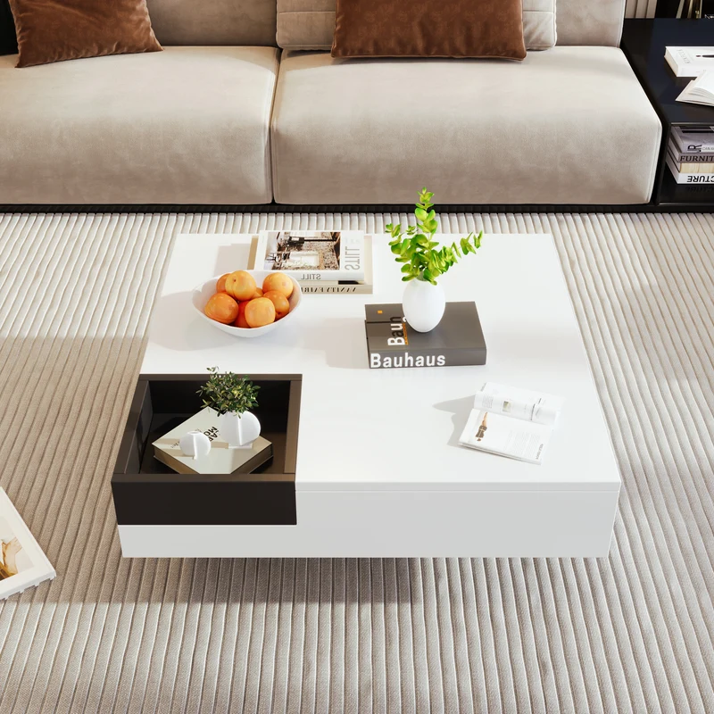 Table basse carrée blanc brillant noir bicolore éclairage LED avec boîte de rangement amovible CROKS WHITE