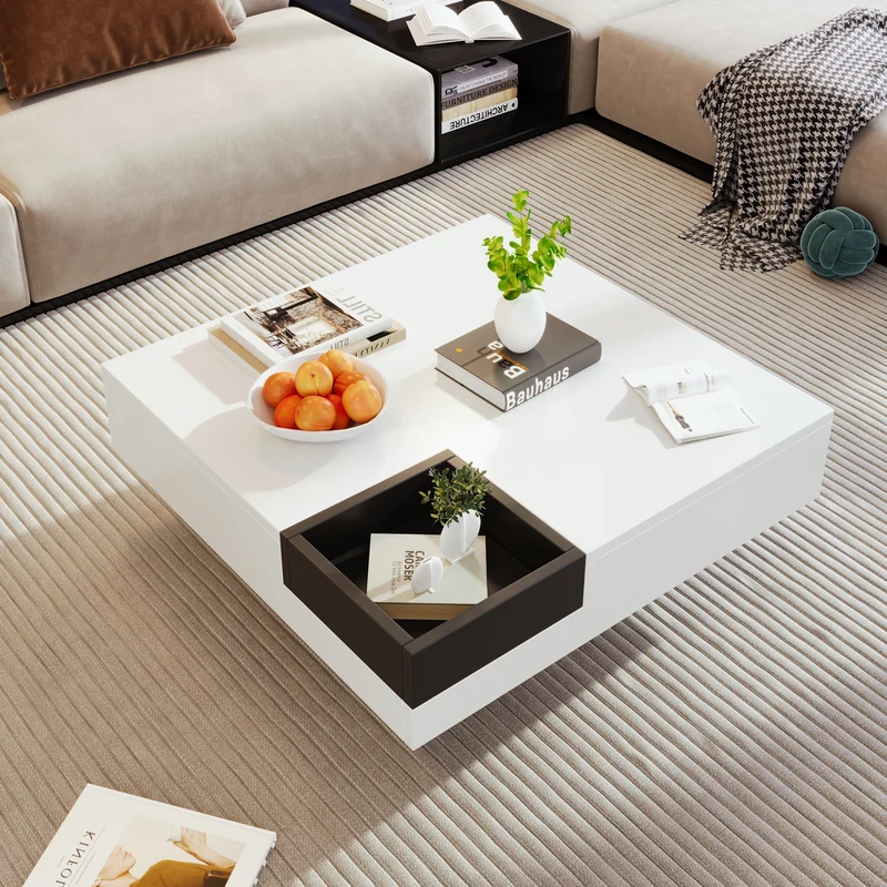 Table basse carrée blanc brillant noir bicolore éclairage LED avec boîte de rangement amovible CROKS WHITE