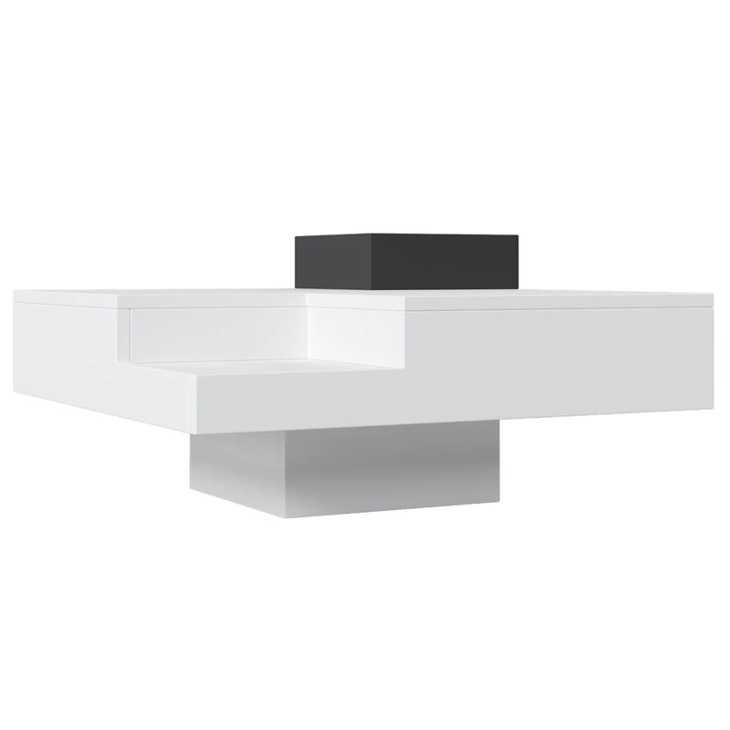 Table basse carrée blanc brillant noir bicolore éclairage LED avec boîte de rangement amovible CROKS WHITE
