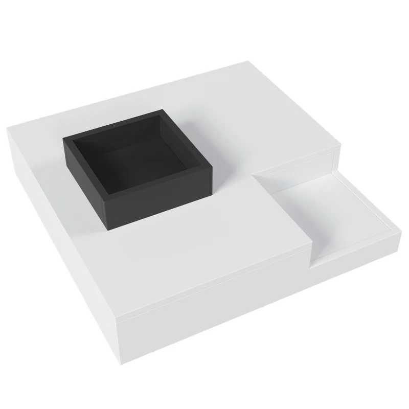 Table basse carrée blanc brillant noir bicolore éclairage LED avec boîte de rangement amovible CROKS WHITE