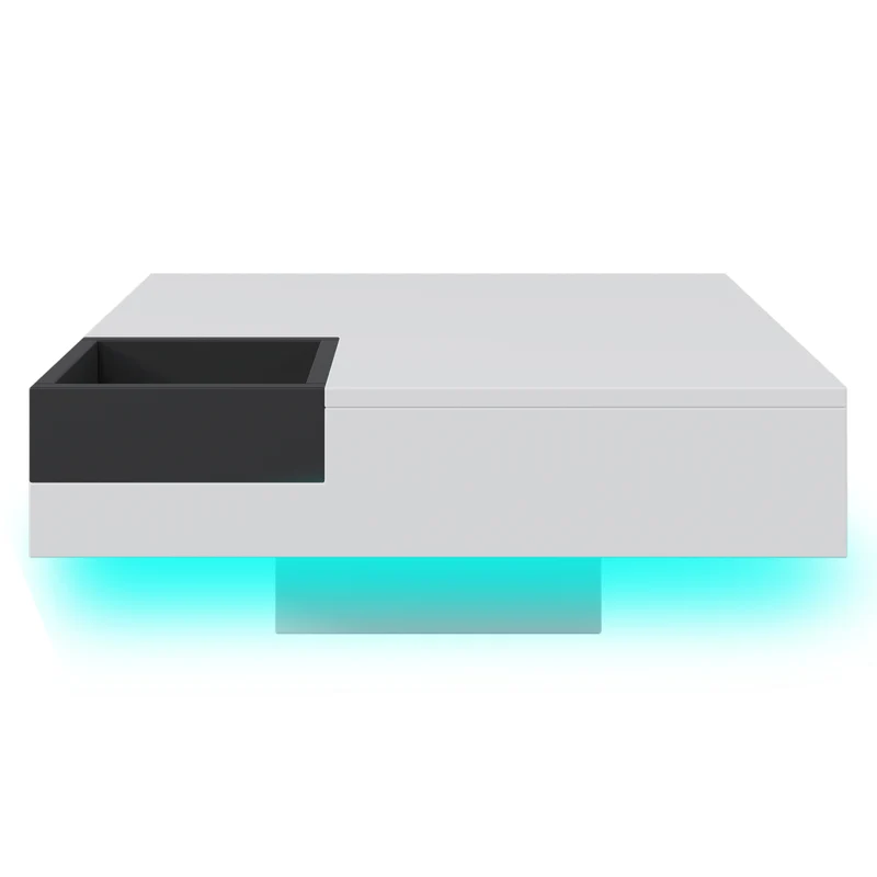 Table basse carrée blanc brillant noir bicolore éclairage LED avec boîte de rangement amovible CROKS WHITE