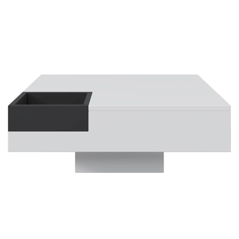 Table basse carrée blanc brillant noir bicolore éclairage LED avec boîte de rangement amovible CROKS WHITE