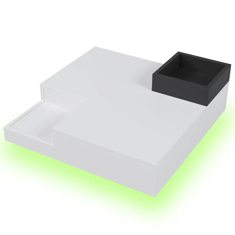 Table basse carrée blanc brillant noir bicolore éclairage LED avec boîte de rangement amovible CROKS WHITE