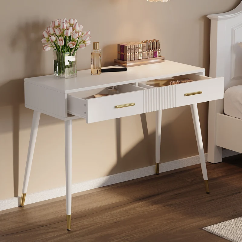 Coiffeuse moderne blanche avec 2 tiroirs, pieds en métal doré 100x40x76 cm MYSTERET