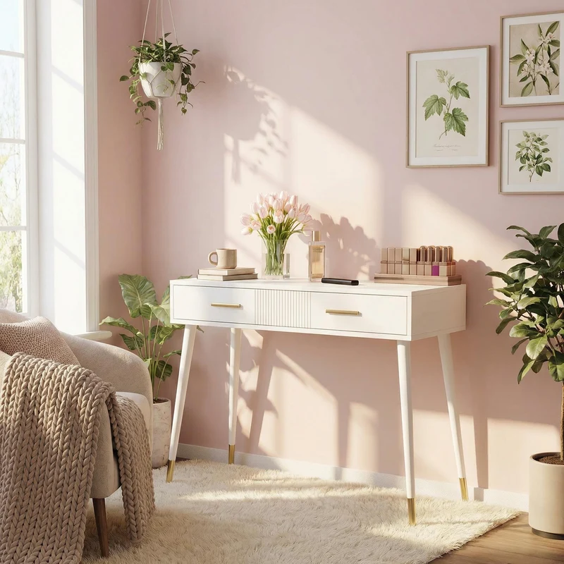Coiffeuse moderne blanche avec 2 tiroirs, pieds en métal doré 100x40x76 cm MYSTERET