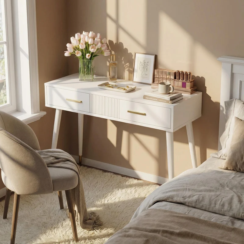 Coiffeuse moderne blanche avec 2 tiroirs, pieds en métal doré 100x40x76 cm MYSTERET