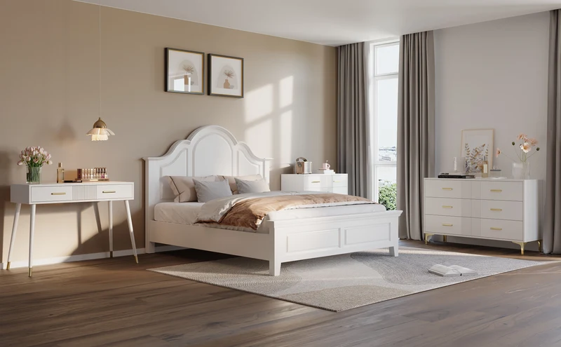 Coiffeuse moderne blanche avec 2 tiroirs, pieds en métal doré 100x40x76 cm MYSTERET