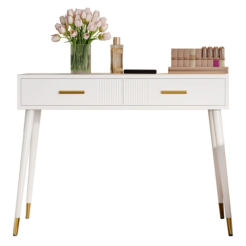 Coiffeuse moderne blanche avec 2 tiroirs, pieds en métal doré 100x40x76 cm MYSTERET