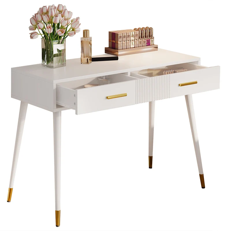 Coiffeuse moderne blanche avec 2 tiroirs, pieds en métal doré 100x40x76 cm MYSTERET