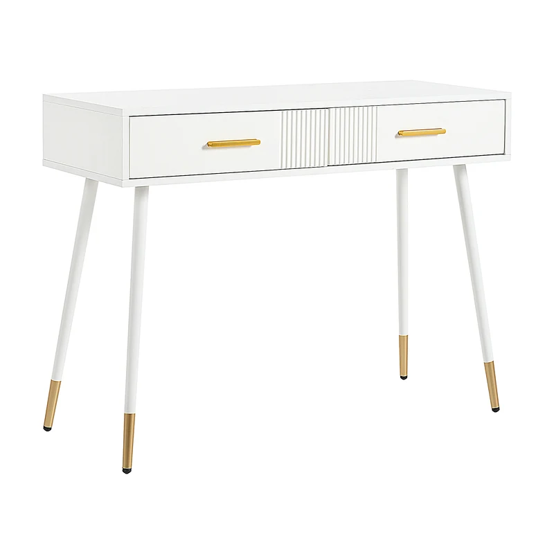 Coiffeuse moderne blanche avec 2 tiroirs, pieds en métal doré 100x40x76 cm MYSTERET