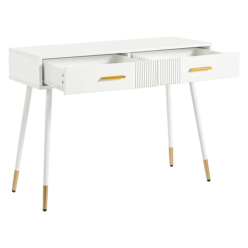 Coiffeuse moderne blanche avec 2 tiroirs, pieds en métal doré 100x40x76 cm MYSTERET