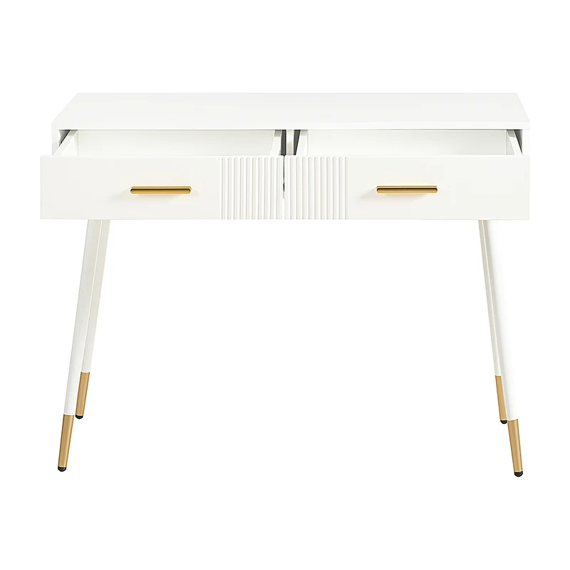 Coiffeuse moderne blanche avec 2 tiroirs, pieds en métal doré 100x40x76 cm MYSTERET