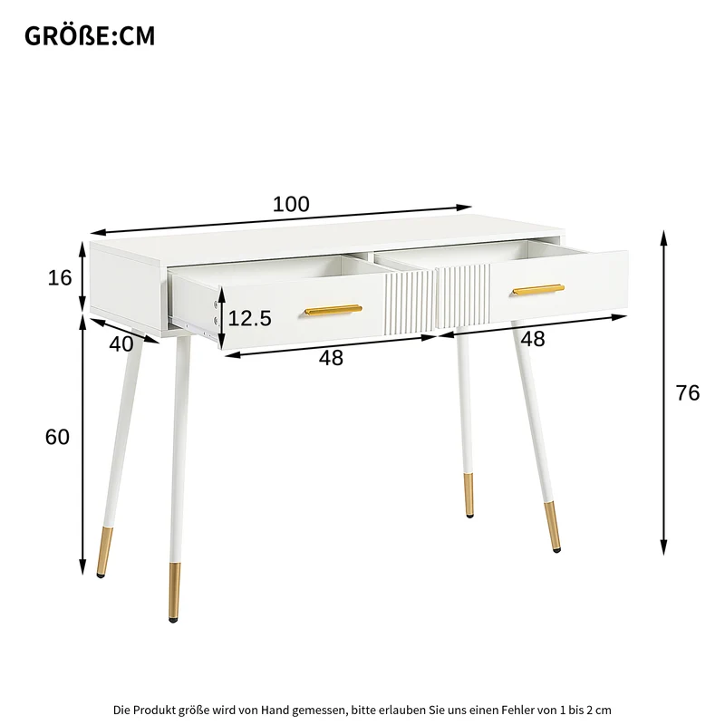 Coiffeuse moderne blanche avec 2 tiroirs, pieds en métal doré 100x40x76 cm MYSTERET