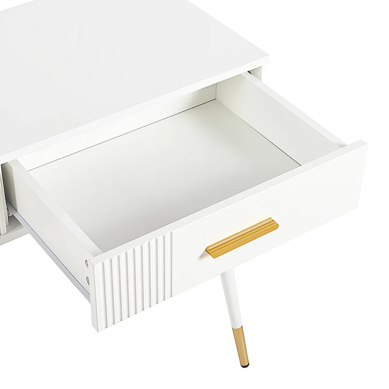 Coiffeuse moderne blanche avec 2 tiroirs, pieds en métal doré 100x40x76 cm MYSTERET