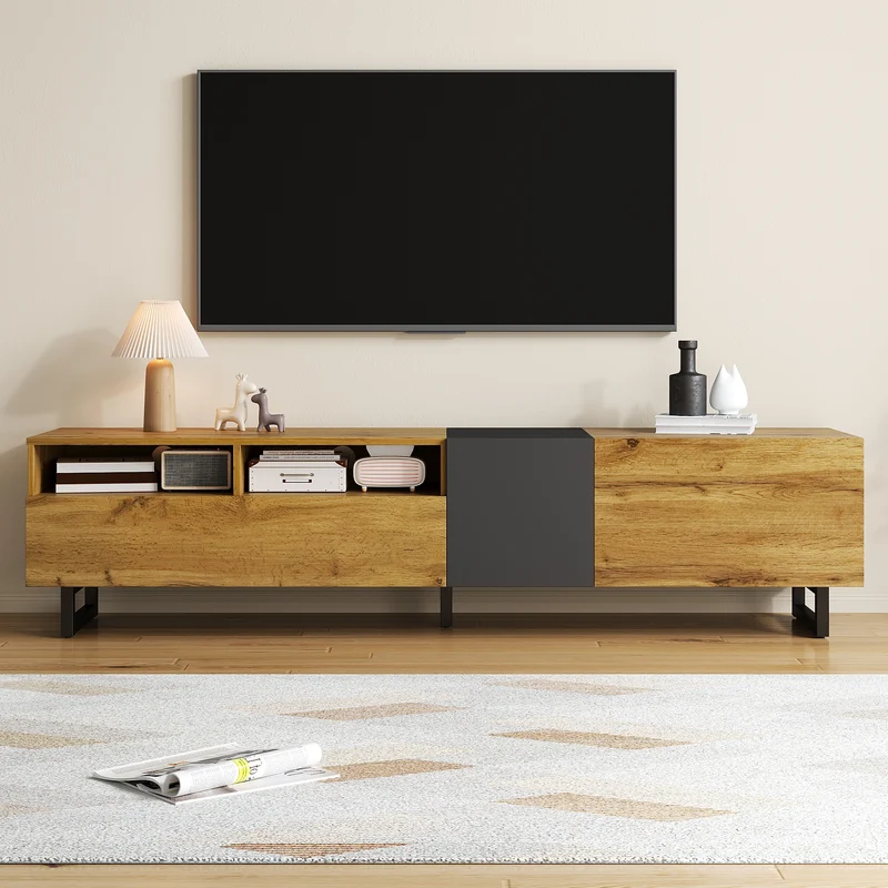 Meuble TV moderne aux couleurs contrastées avec grain de bois et gris 170 cm RIPTIDE