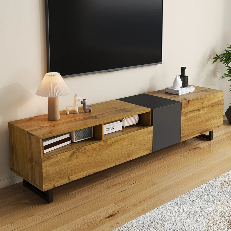 Meuble TV moderne aux couleurs contrastées avec grain de bois et gris 170 cm RIPTIDE