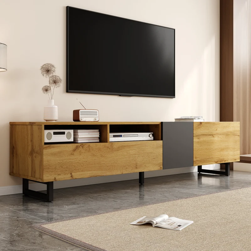 Meuble TV moderne aux couleurs contrastées avec grain de bois et gris 170 cm RIPTIDE