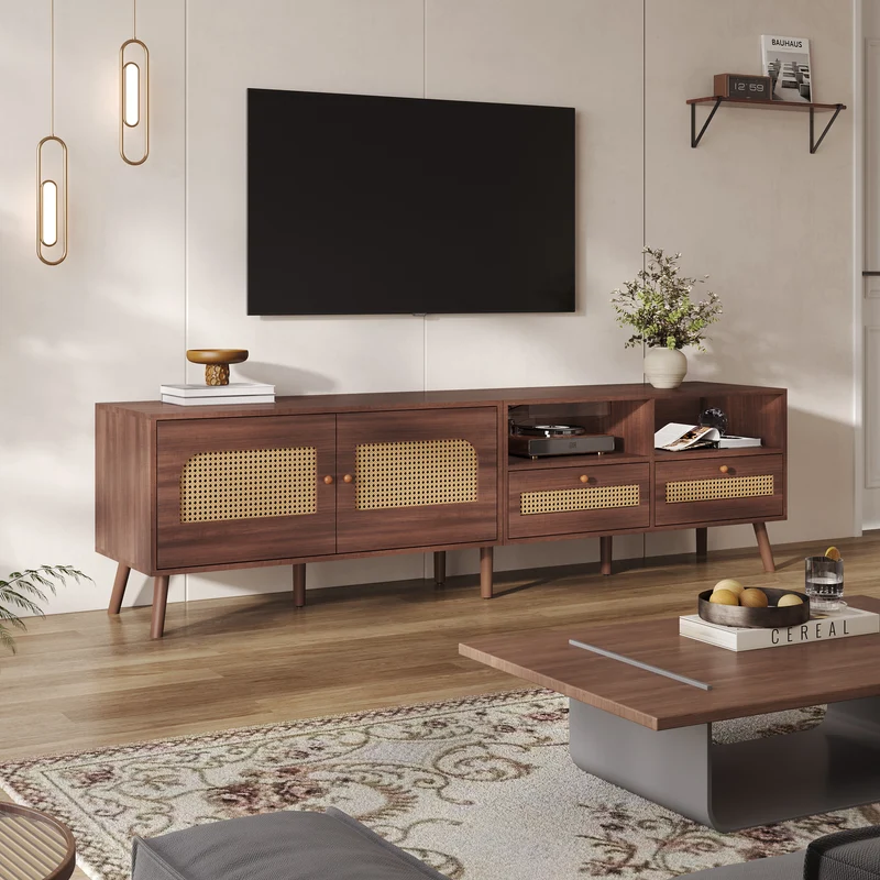 Meuble TV effet marron noyer portes en rotin 2 portes 2 tiroirs CEDARSONG