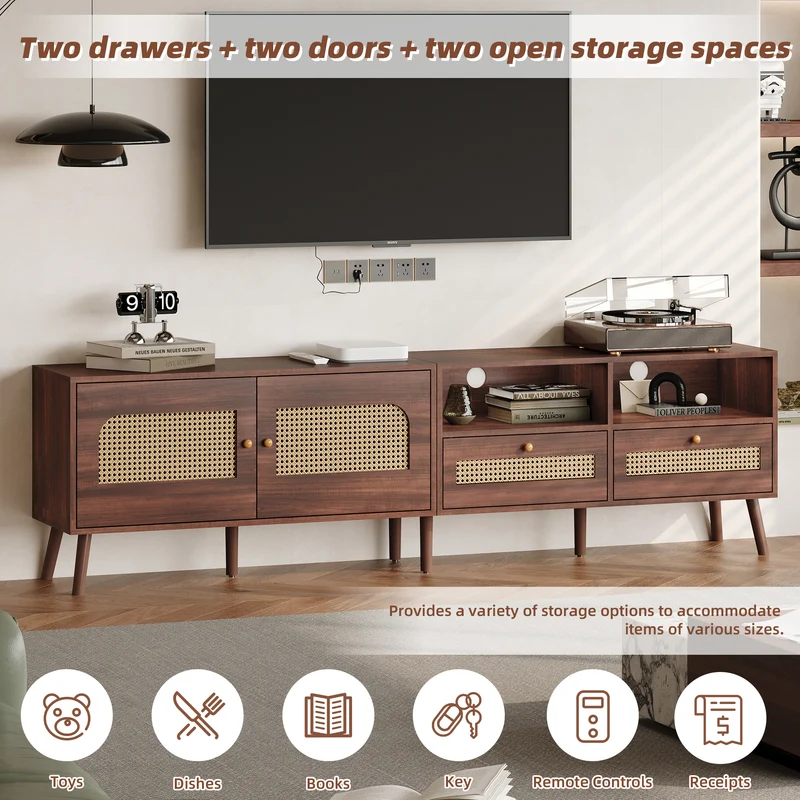 Meuble TV effet marron noyer portes en rotin 2 portes 2 tiroirs CEDARSONG