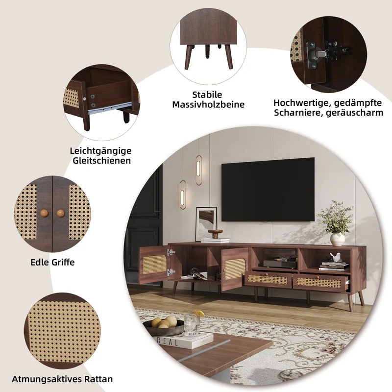 Meuble TV effet marron noyer portes en rotin 2 portes 2 tiroirs CEDARSONG