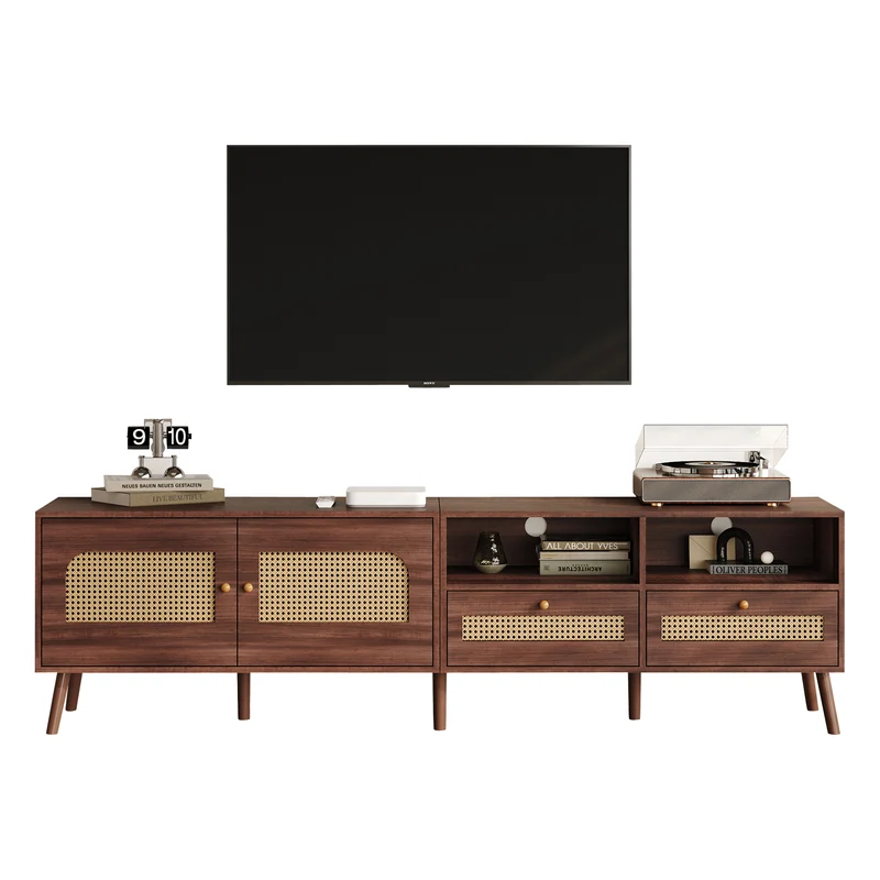 Meuble TV effet marron noyer portes en rotin 2 portes 2 tiroirs CEDARSONG