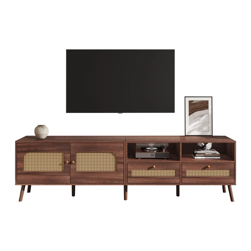 Meuble TV effet marron noyer portes en rotin 2 portes 2 tiroirs CEDARSONG